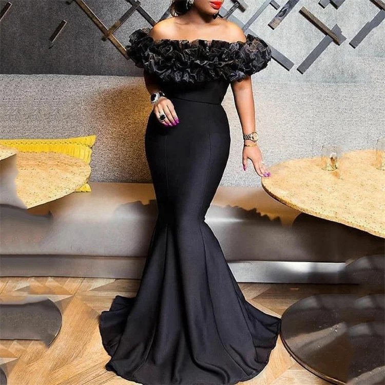 Black Full Vintage Sexy Tight Evening Dresses Women Ruffles Mermaid Wedding Prom Floor-length Party Dress