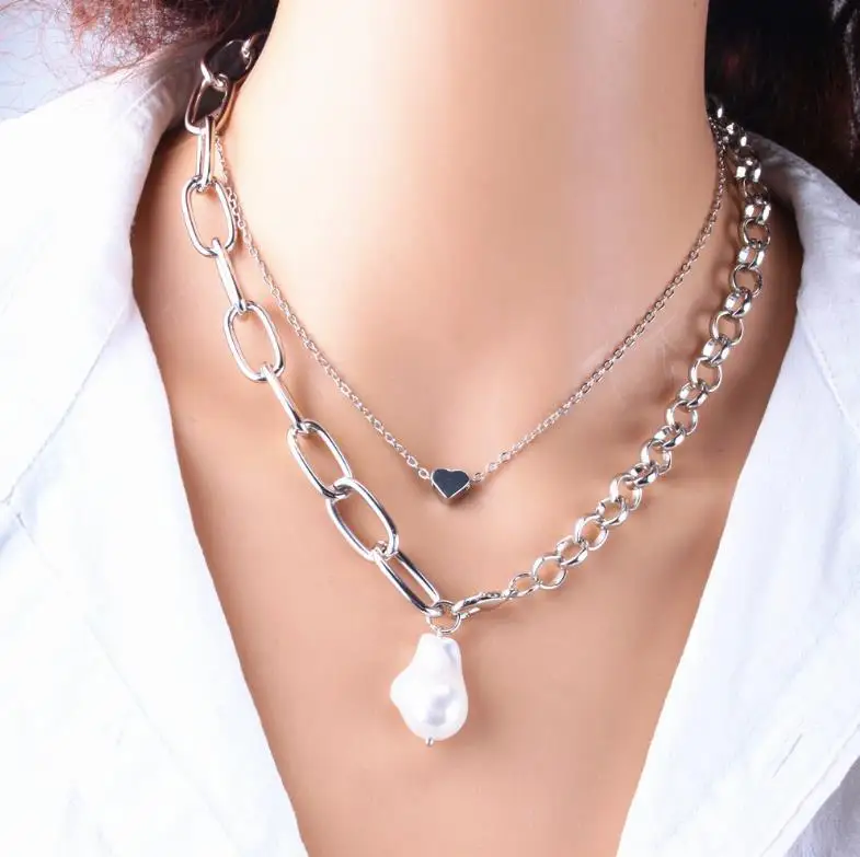2021 Newest Style Baroque Style Copper Heart Punk Style Two-piece Set Punk  Pearl Necklace