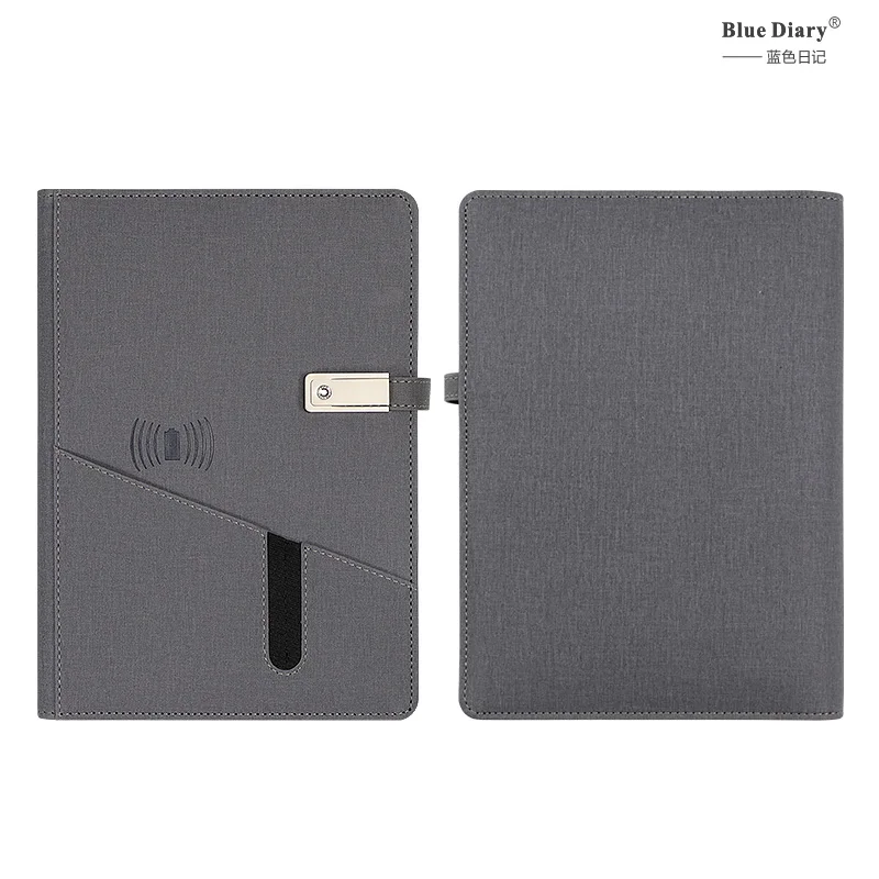 Pockets Leather A5 Binder with 8000mah Power Bank Diary Power bank Notebook Planner built-in wireless charging and 16g usb flash