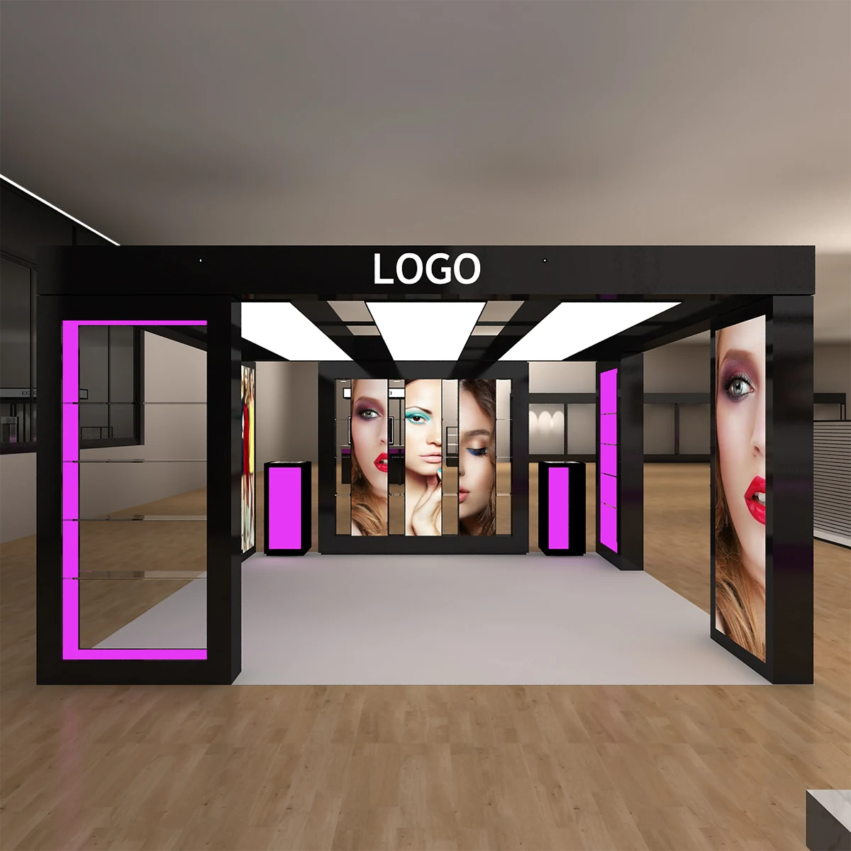 Modern Cashier Table Custom  office front desk background wall display racks designing  led light Display Racks For Shops