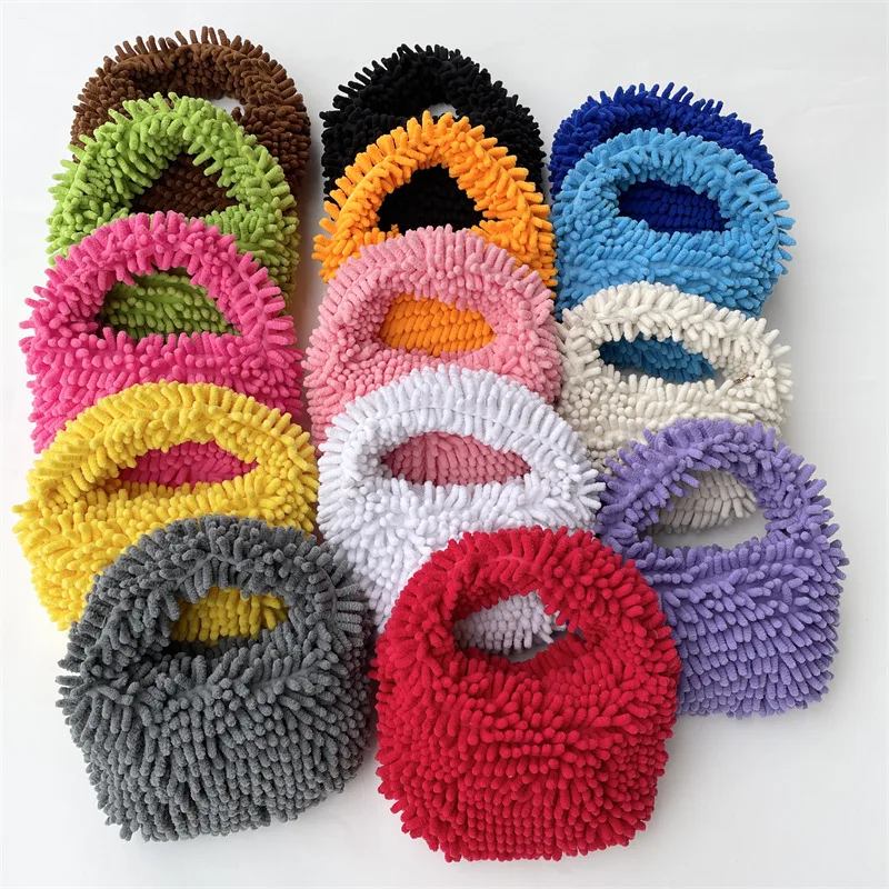 Custom Logo Minimalist Fuzzy Top Handle Mini Neon Pink Ruched Solid Fluffy hobo Satchel Bag for lady women girl