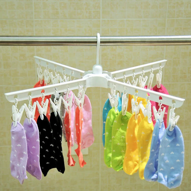 China factory BAOYOUNI wholesale Foldable 24 Pegs Portable Indoor Outdoor Airer Dryer  Foldable Sock Hangers with Clips hooks