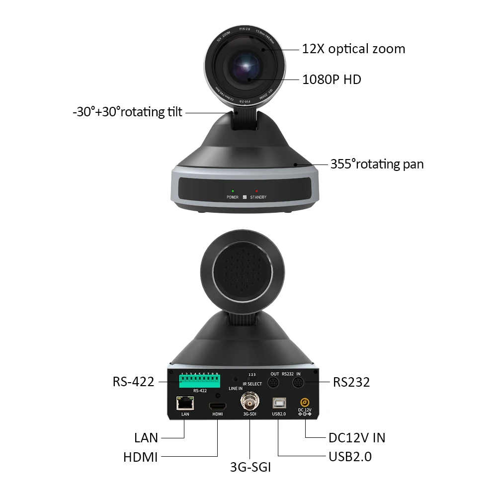 JJTS educational training equipment 12x optical zoom ptz conference room camera with USB 2.0 HD SDI IP HDMI video output