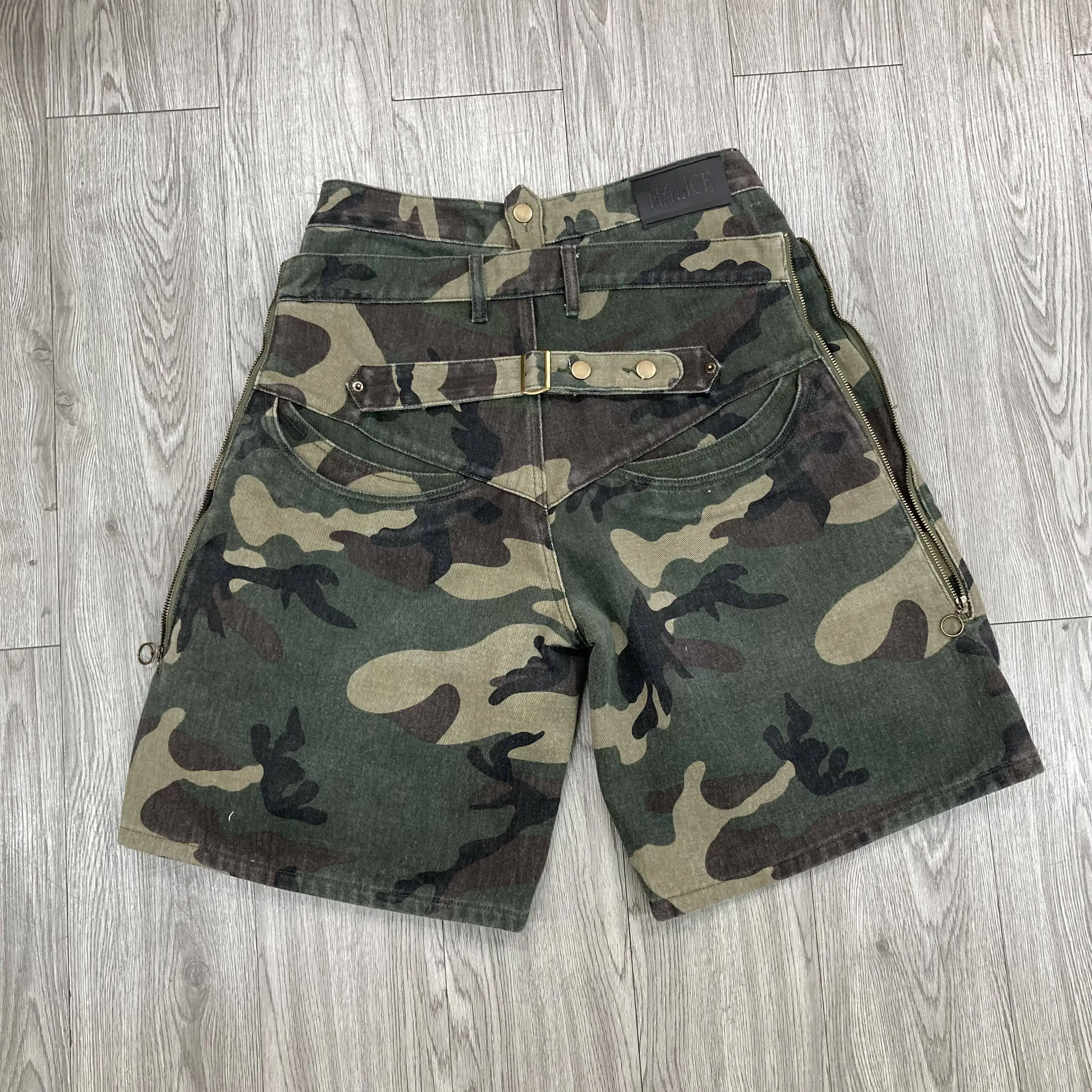 Custom double zipper jorts baggy Metal Stud Gem Men jeans Shorts Fashion Camo style vintage Streetwear denim shorts men