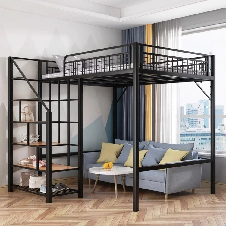 Metal steel large loft bunk bed with desk and storage cabinet for use in school student dormitory apartment