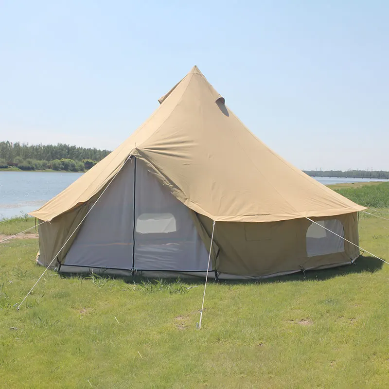 All season large glamping hotel beige cotton canvas event resort bell tent with stove