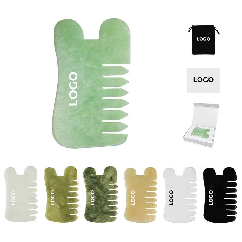 Bulk Custom Logo Natural Stone Comb Head Massager Gua Sha Jade Crystal Comb For Hair Massager Scalp Detox xiuyan Green Jade Comb