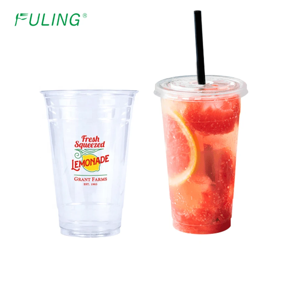 FULING Disposable Plastic PP PET Cup 24oz Boba Tea Coffee Juice PP Cup Clear Custom Printed with Lids