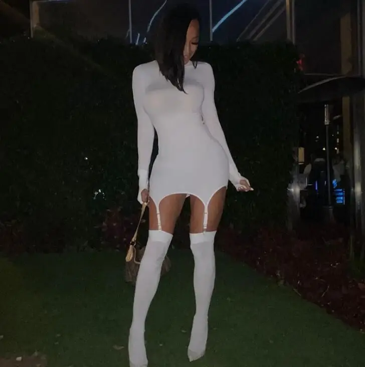 Hanging Tights Set Long sleeve Bodycon Dress Stockings suit Solid Color Club Dresses Mini Vestido Sexy Short Tight Mini Dress