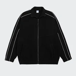 Hot sell 330g heavy polar fleece windbreak jacket reflective edge street loose anorak coat for men and women