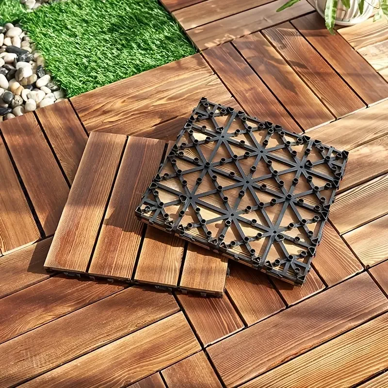 4 Slats Solid Wood Interlocking Patio Tiles Pine Wood Patio Deck tiles Outdoor Flooring Deck & Balcony Tiles