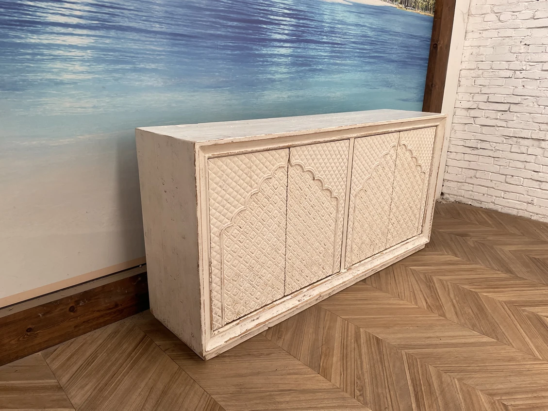 Chinese Antique Handcrafted Wooden Sideboard Rustic Carving White Wash Buffet Living Room Distressed Shabby Chic Cabinet