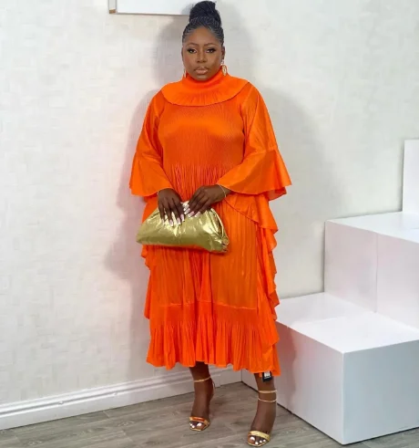 Sheen High-Quality Miyake Summer Plus Size Loose Simple Atmospheric Bat wing Sleeve Solid Dubai Dress Women Long Dress