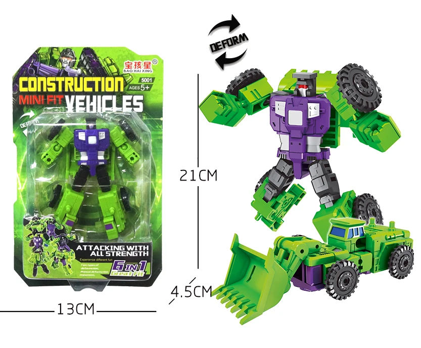 Green Color plastic Engineering Hybrid robot individual packaging 6 in 1 combination transform toy robot for kid