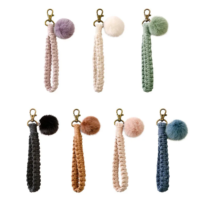 Hot Sale Handmade Wrist Lanyard Woven Personalized Cotton Rope Strap Pompom Keychain For Fashion Braided Fur Ball Accessories