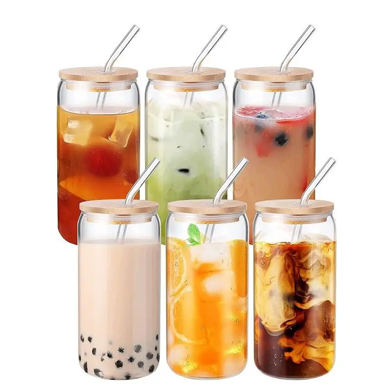 16oz Drinking Glasses Beer Glass Cups with Bamboo Lids and Glass Straws