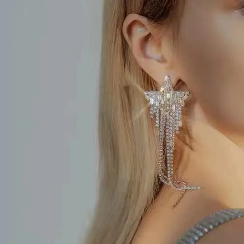 Party Jewelry Luxury Earrings 2022 New Design Full Rhinestone Star Long Tassel Earrings Ins Earrings Ladies Jewelry