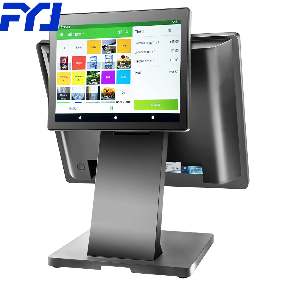 FYJ F2-5 15 Inch Billing System Software Counter Desktop Dual Screen Cash Register Automatic Cashier Machine For Small Business