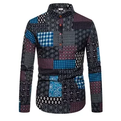 Мужская рубашка с длинным рукавом, разноцветная рубашка в стиле ретро, в этническом стиле, Осень-зима 2020