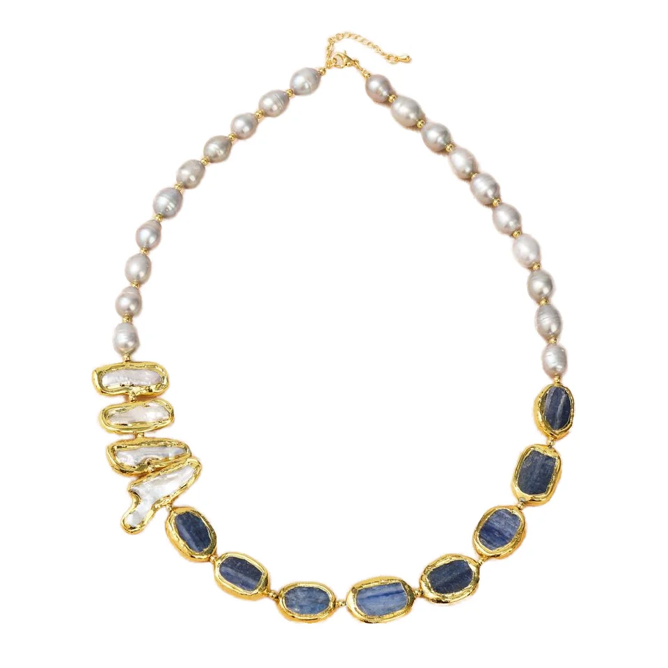 Vintage Style Gray Pearl Kyanite Necklace Gold Plated Frame Design Parties Gifts Featuring American Diamond Stone