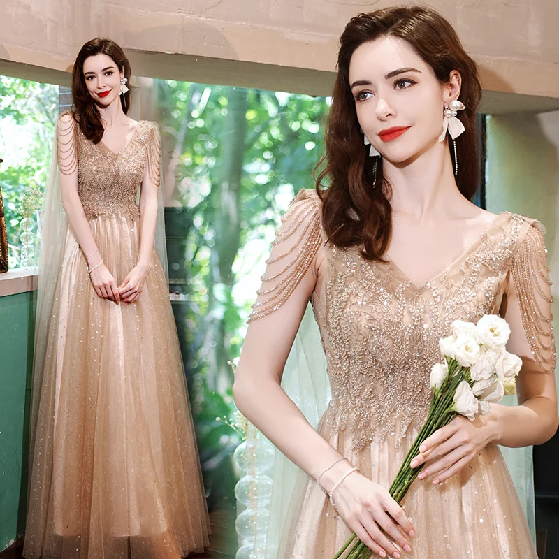 Fashion Sequin Ladies V Neck Sexy Party Dress Women Elegant Bridal Golden Evening Dresses Glitter High Split Maxi Dress Gowns