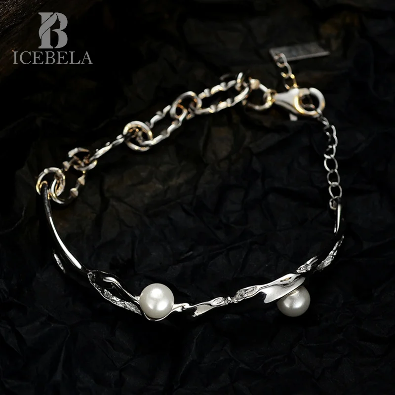 ICEBELA Fashion Jewelry S925 Sterling Silver Geometric Shape Design Pearl Beaded Bracelet