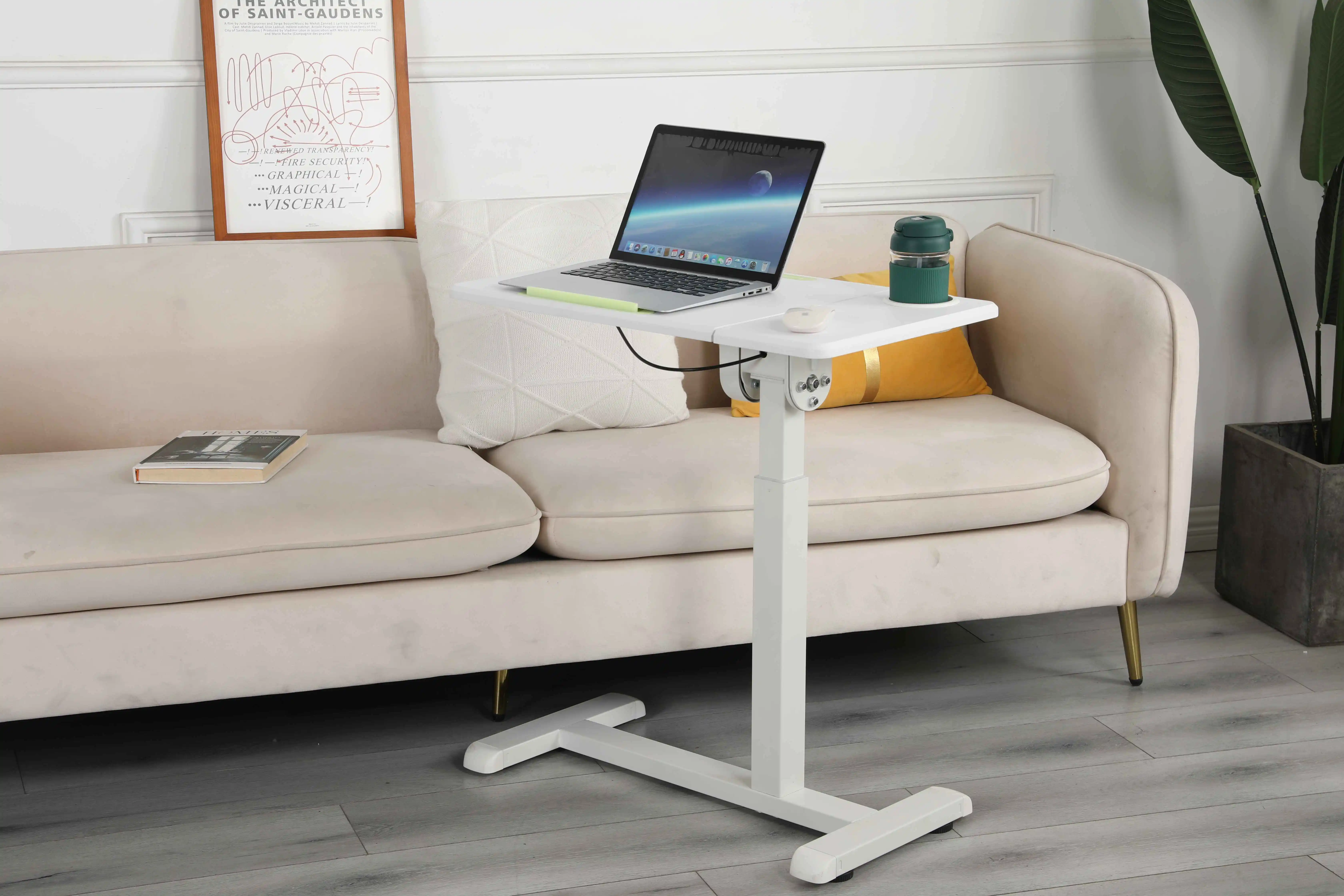Pneumatic Gas Height Adjustable Overbed Desk & Table  Bedside Medical Table with Wheels and Tilting Tabletop