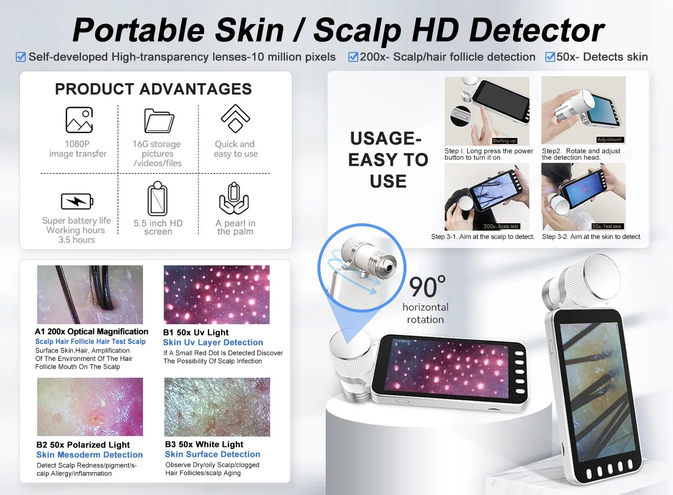 High-resolution 4k Imaging Hair Analyzer Hair Follicles Condition Analysis/Scalp Condition Scanner Detector