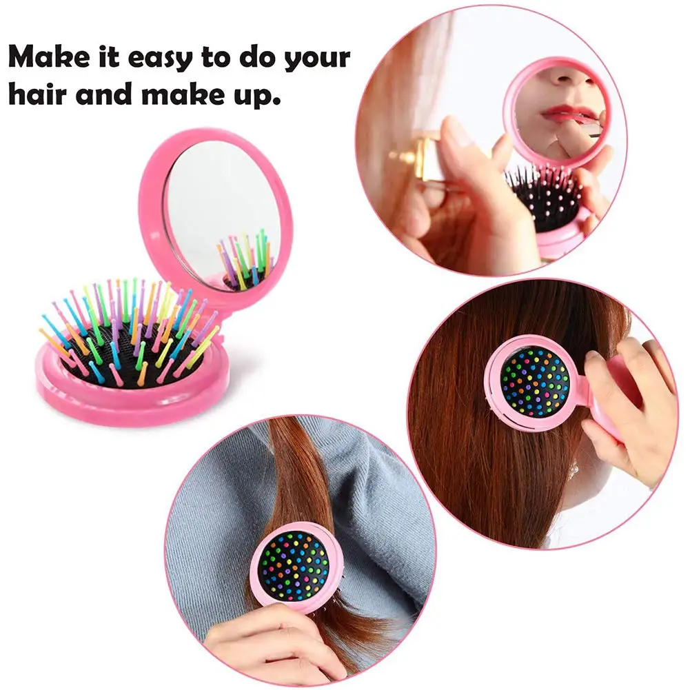 Folding Travel Hair Brush Cute Mini Round Hair Comb Pocket Hairbrushes with Makeup Mirror Compact Massage Comb for Girls