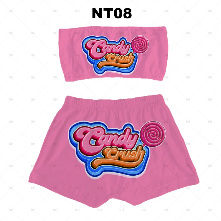 Lady Girls Summer Casual two piece pajama set Fashion Tube Tops And Tie Shorts Lovely Vacation Outfits Pink Lounge Wear Women