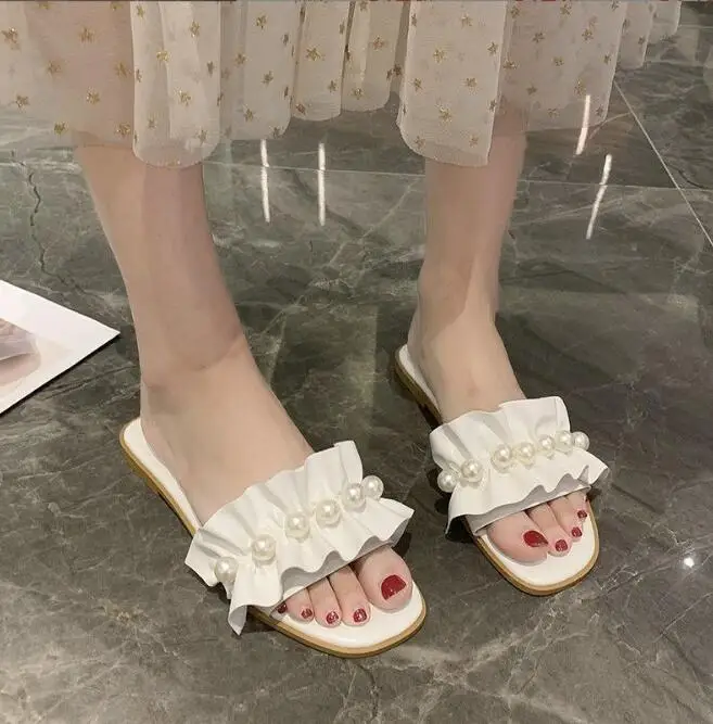 Fairy style pearl lace slippers women wear new summer beach single-line plus size slippers with skirt