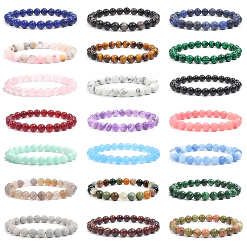 Natural Stone Beads Bracelet For Women Men Amethysts Crystal Aquamarines Jades Jewelry Agates Elastic Bangle Bracelets