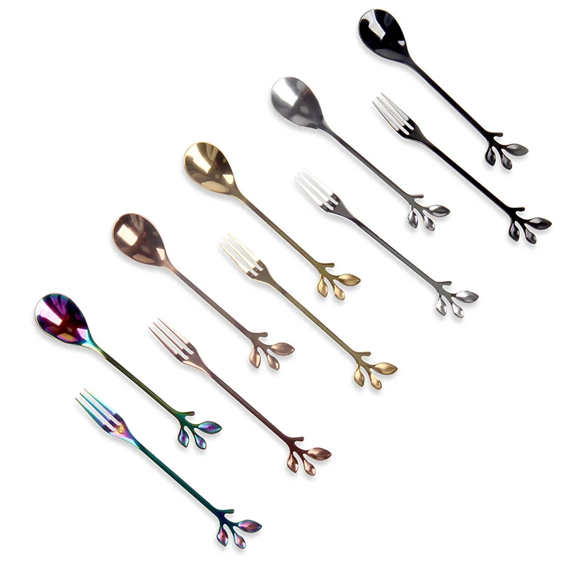 Reusable stainless steel cutlery custom gift box creative coffee stirring leaf spoon fruit fork moon cake fork wedding gift