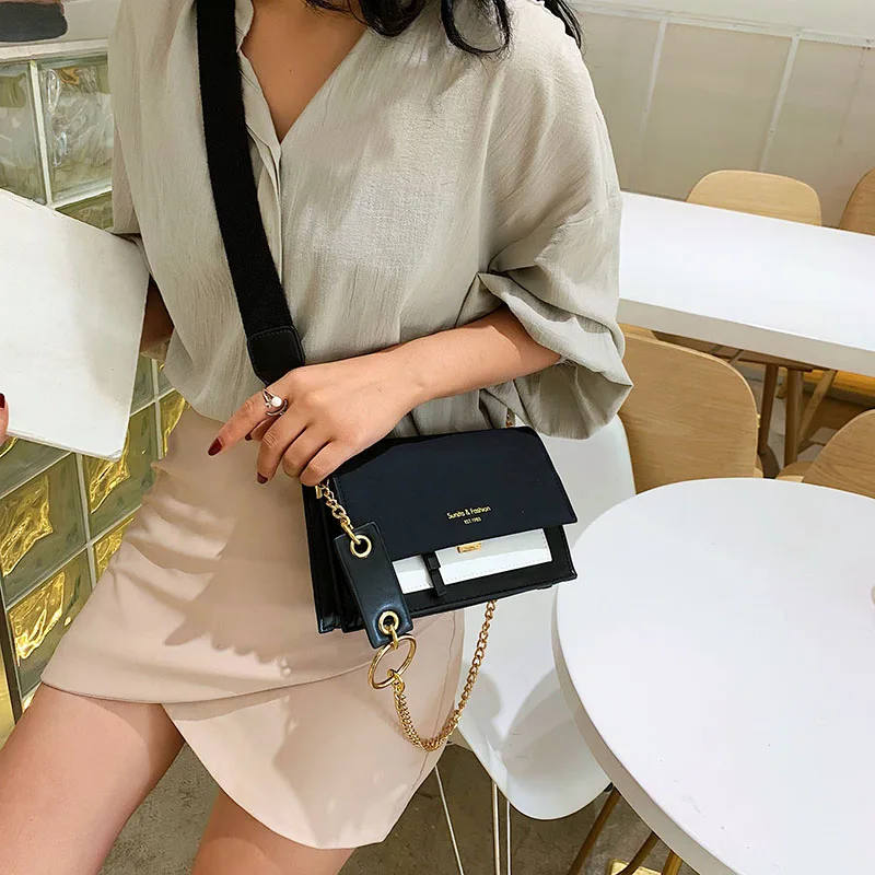 Trendy New Fashion Small Handbags Chain Shoulder Wide Strap PU Leather Crossbody Messenger Bags for Women