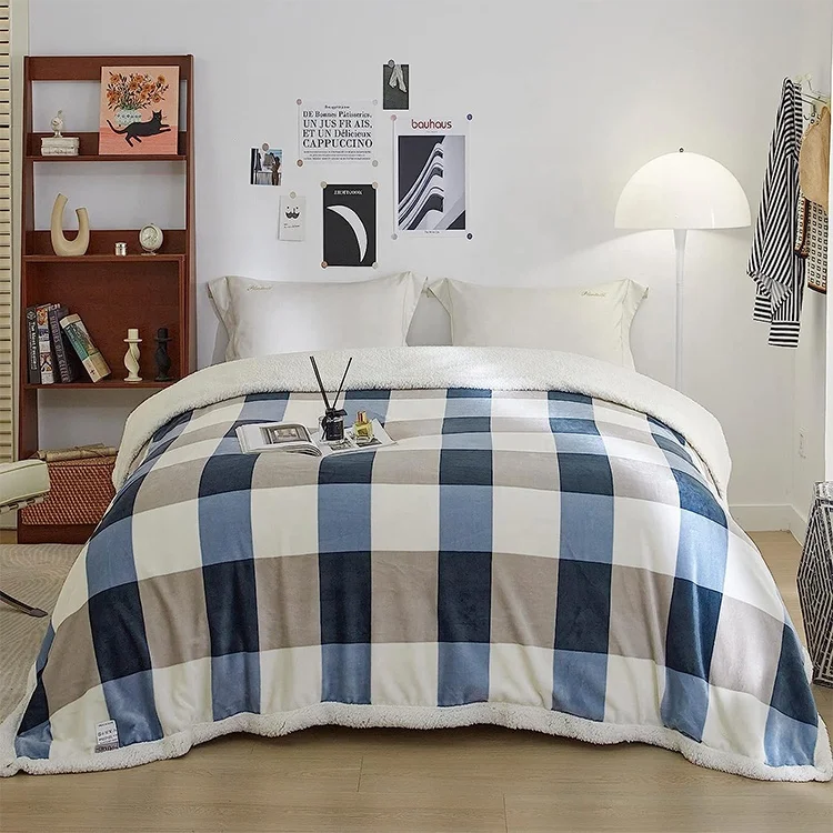 Wholesale double layer custom plaid print flannel sherpa fleece throw blanket