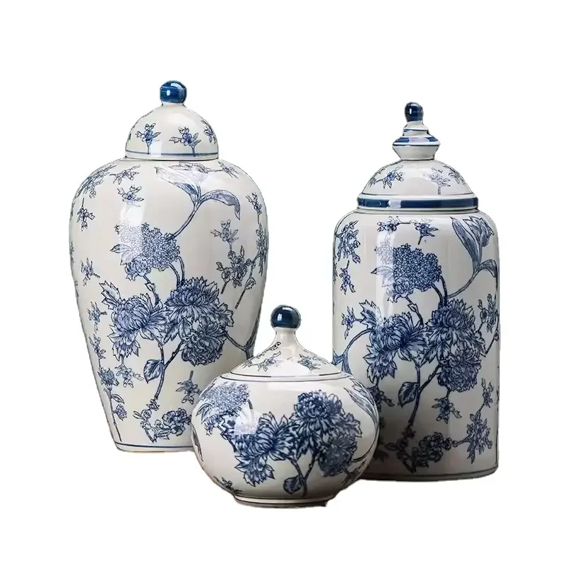 Factory direct sale of blue and white hand-painted ceramic vases Vintage ceramic flower and bird ginger jars for home decoration