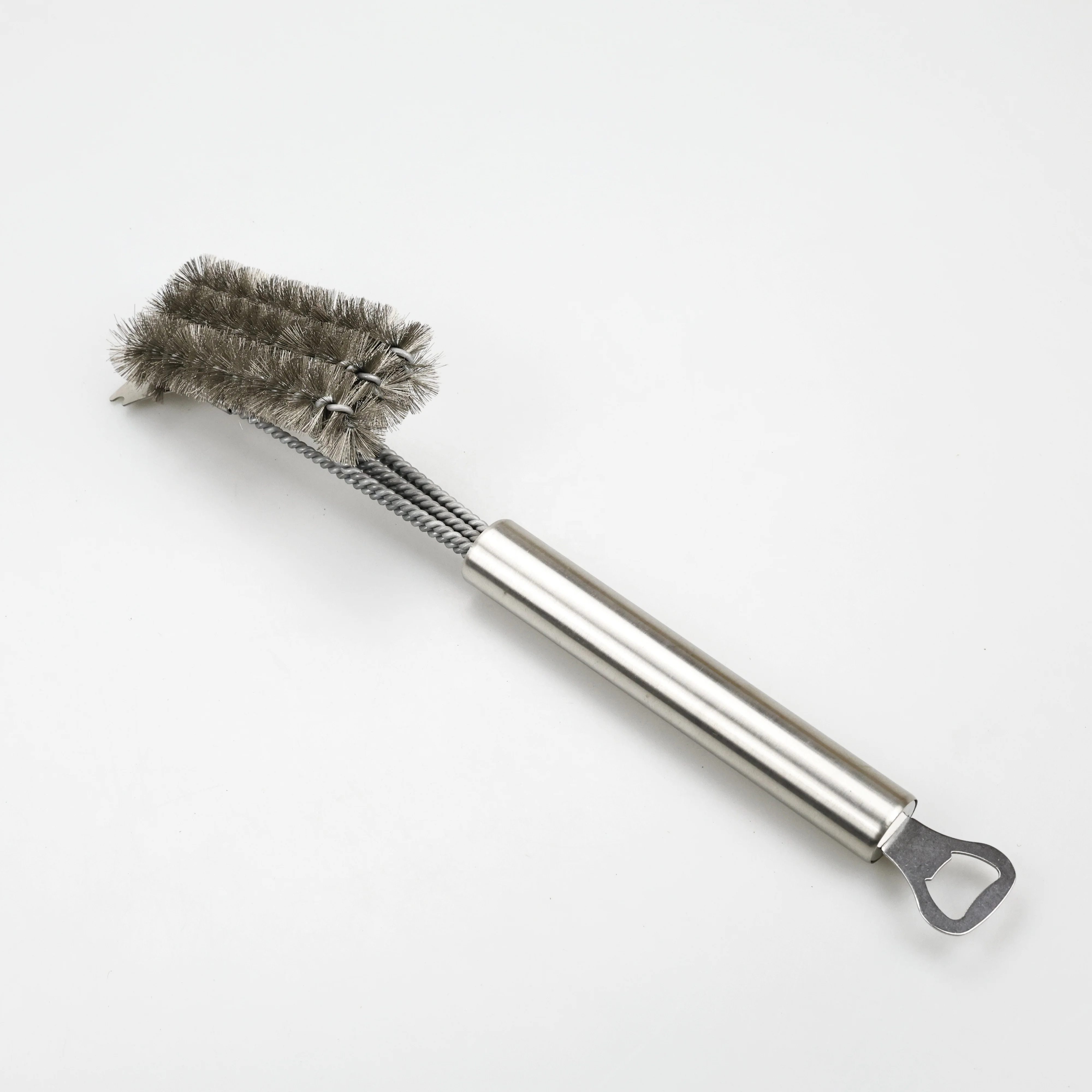 3 in 1 Stainless Steel Grill cleaning Brush scraper with metal handle and opener ends