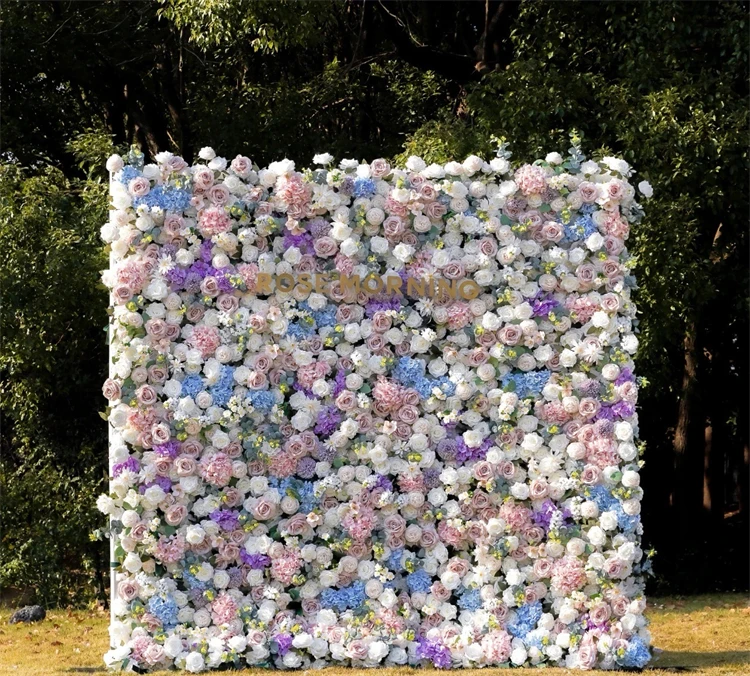 2024 New Design Panel Decor Artificial Flower Wall for Wedding Decor 3D Roll Up Fabric Cloth Base Pink Silk Flowerwall Backdrop