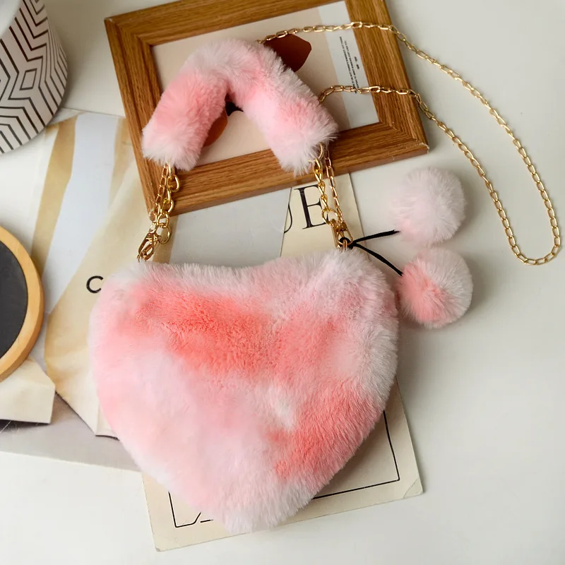 Luxury Faux Fur Heart-shaped Women Small Handbags Fluffy Plush Ladies Chain Shoulder Bag Fashion Female Furry Daily Clutch Purse