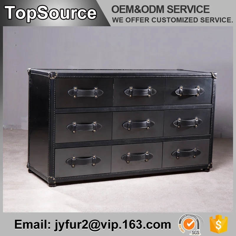 Retro style 9 drawers wooden corner drawer chest with leather covered