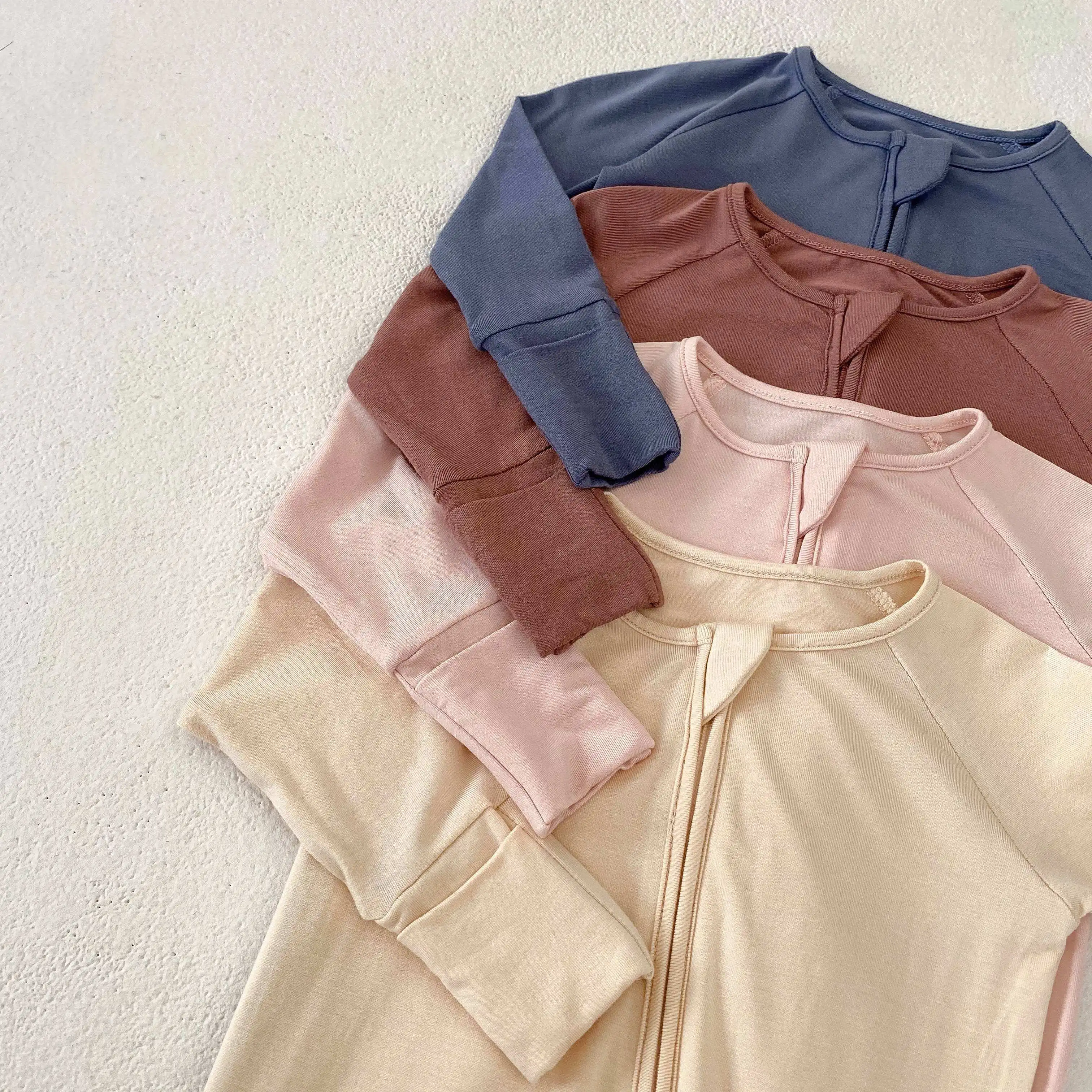 RTS Bamboo Zipper Baby Pajamas Newborn Baby Clothes Clothing Natural Fabric Plain Solid bamboo sleeper Long Sleeves