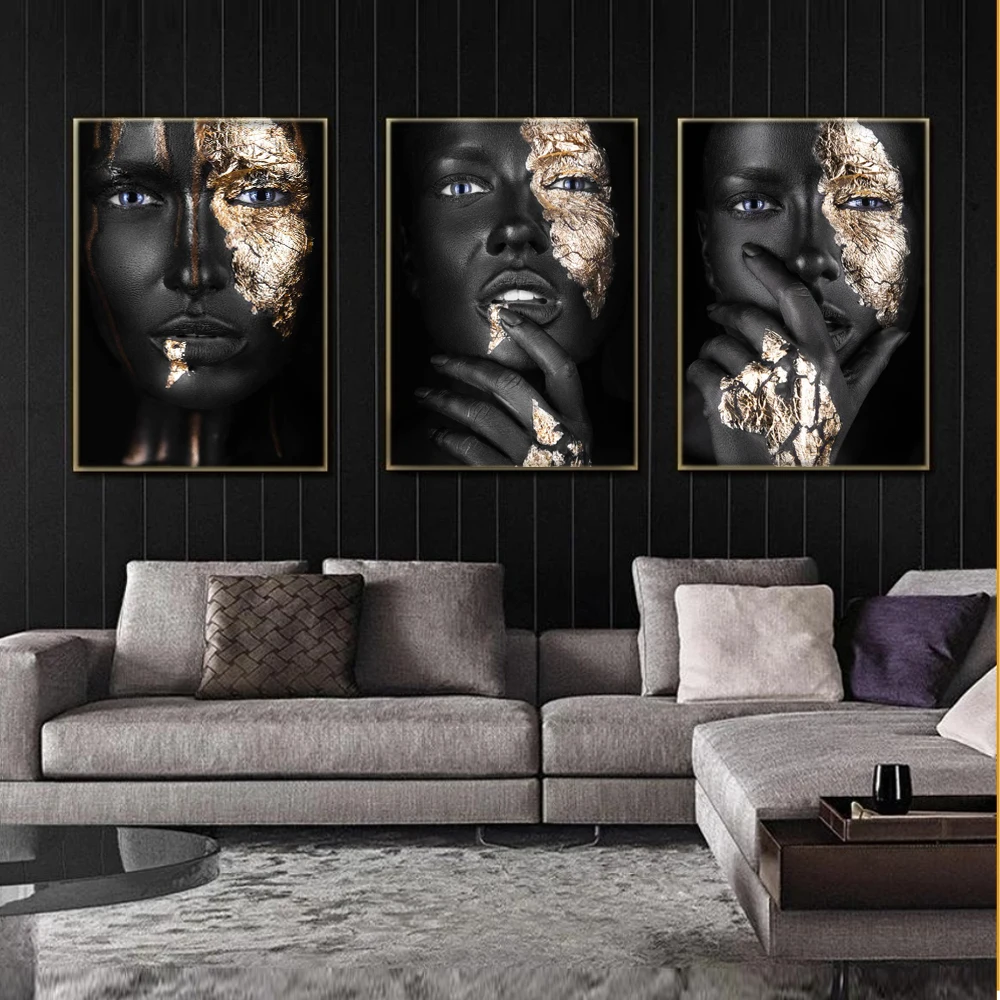 Hongya African Art Black And Gold Woman Painting On Canvas Posters  Scandinavian Wall Art Picture For Living Room Custom