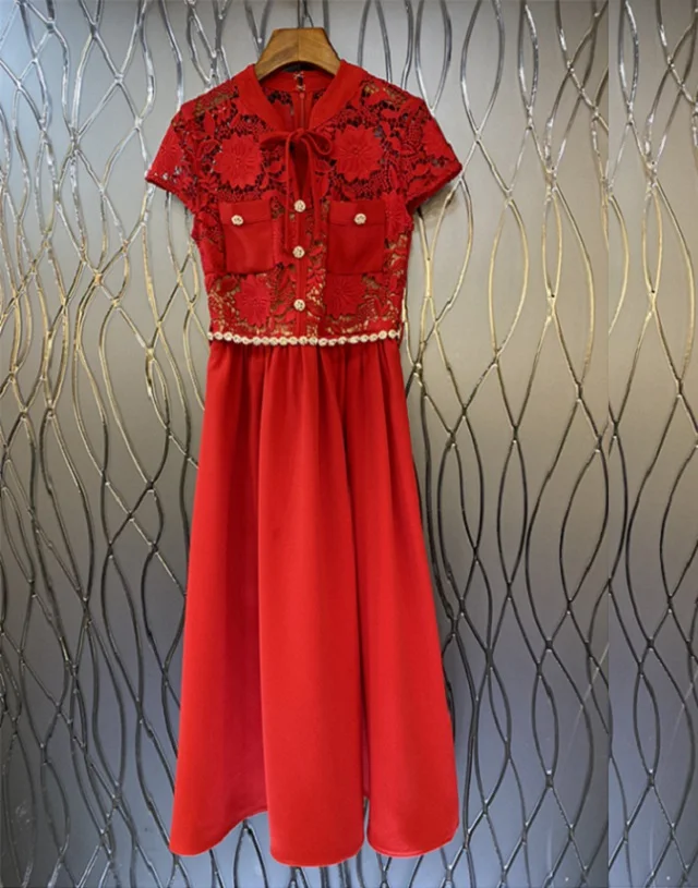 Top Quality New 2023 Spring Dress Women Bow Collar Crochet Lace Embroidery Beading Deco Short Sleeve Mid-Calf Length Red Dress