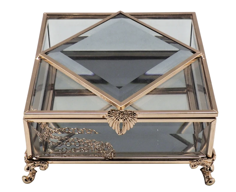 Оптовая продажа по индивидуальному заказу, современная модная недорогая золотая металлическая прозрачная стеклянная шкатулка для ювелирных изделий