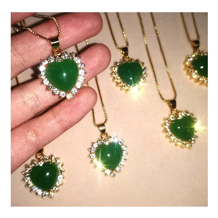 Jialin Jewelry Chinese jade fashion green jade 18k gold plated natural jade heart pendants diamond around heart pendant necklace