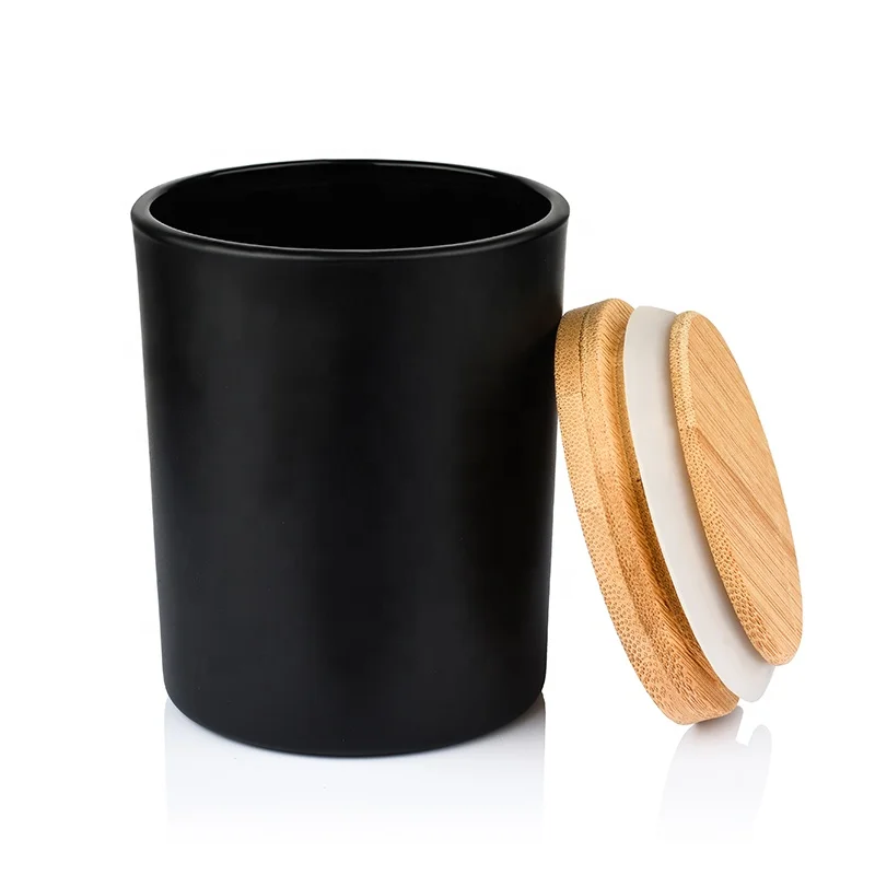 
75ml 100ml 150ml 220ml Wide Mouth frosted black Round candle cup Glass Jar With cork bamboo lid 