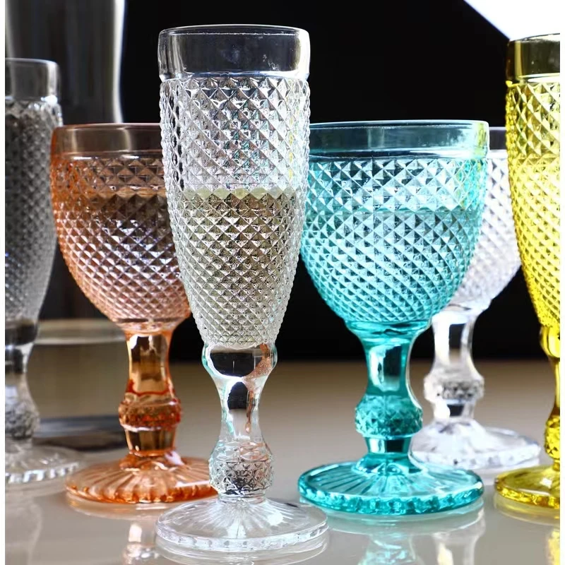 11oz Wholesale Vintage embossed wedding glasses Blue pink Green lead-free glass Champagne glasses