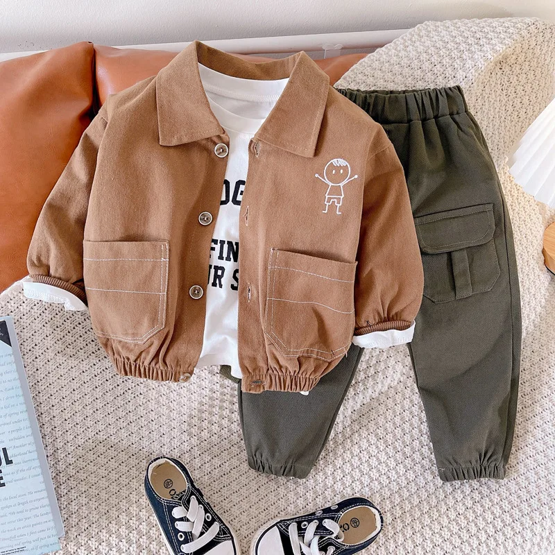 0-4 Years Baby Boys Cargo Jacket Sets Toddler Cute Solid Jackets And Pant 3 Pieces outfit For Spring And Autumn