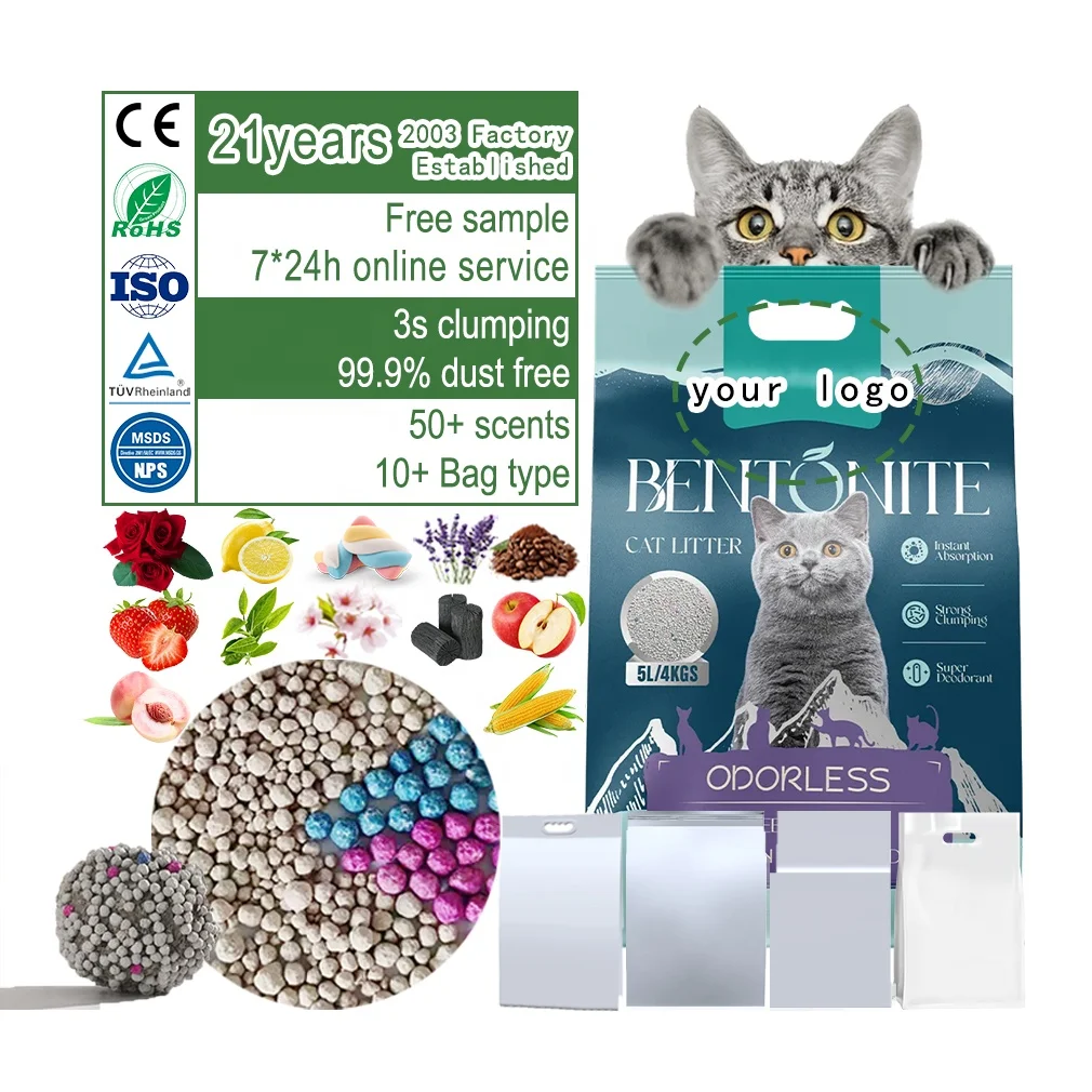 Oem Bulk 5l 10 Litter Clumping Arena Para Gato Dust Free Colorful Ball Shape Bentonite Cat Litter With Scent