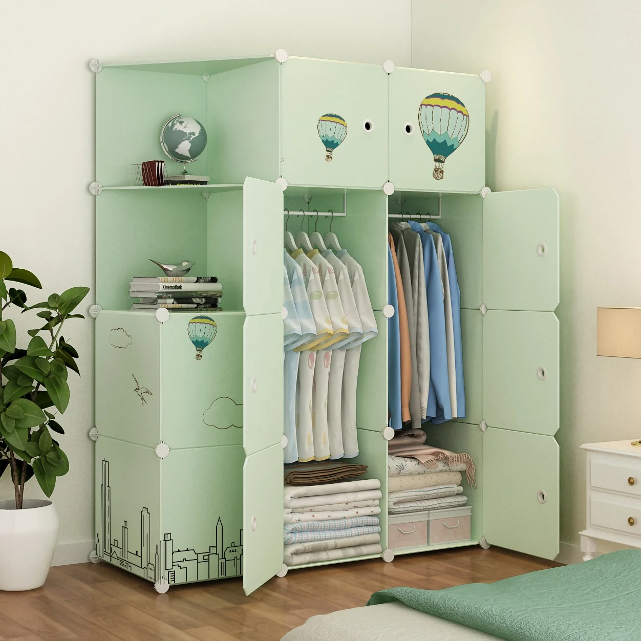 Hot Sale Clothe Storage Cabinet Rectangular Plastic Foldable Wardrobe Organiser Green Color With Stickers Portable Cube Wardrobe